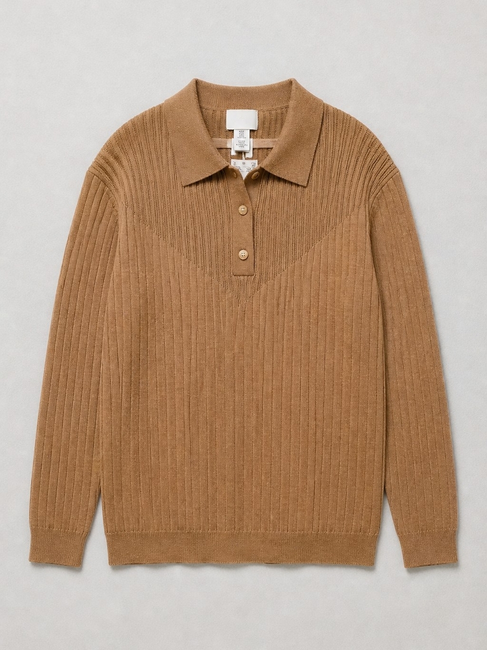 NWT H&M Camel Ribbed Knit Collared Polo Sweater XL | 3/4 Sleeve Capsule Wardrobe - Picture 2 of 12